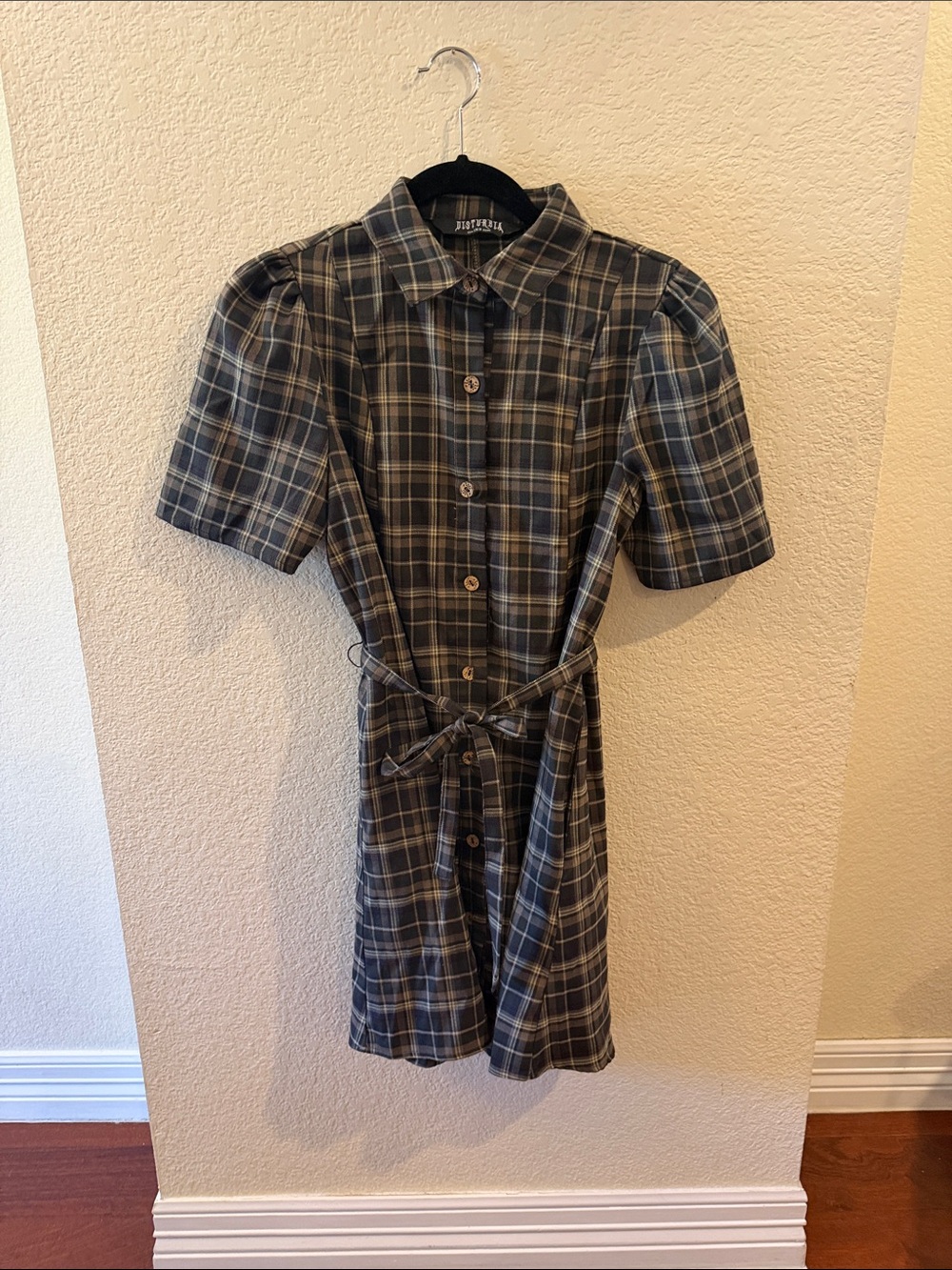 Disturbia Gray and Blue Plaid Button-Up Mini Dress